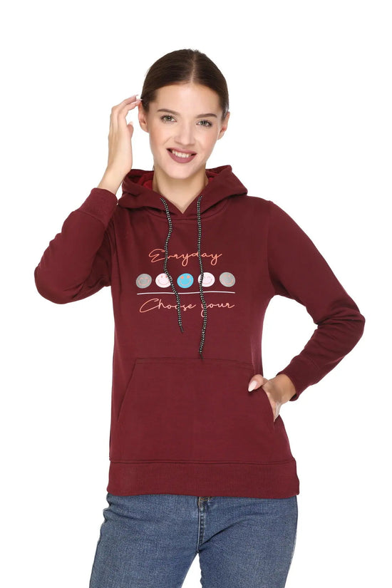 White Moon Hoodie Printed Casual/Sports Sweatshirt for women (Maroon)