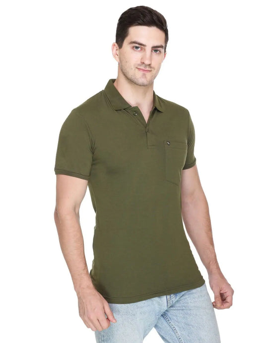 White Moon Cotton Solid Regular Fit Polo Tshirt Men Olive 1 Pc