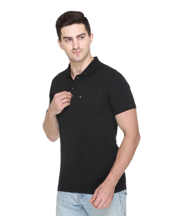 White Moon Cotton Solid Regular Fit Polo Tshirt Men Black 1 Pc