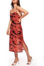 IZF Red Printed Mesh layered midi dress