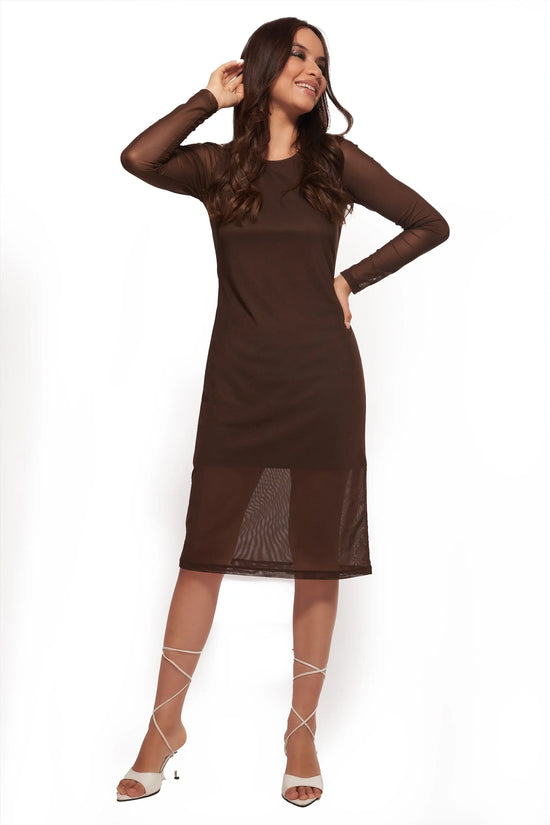 IZF Brown Mesh Layered Straight midi dress