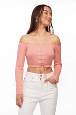 IZF Pink Off- Shouldered Lace-up Knit Top