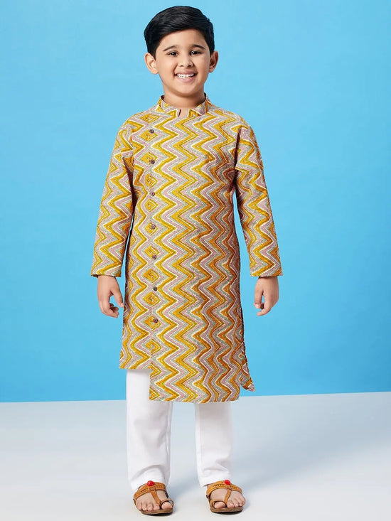 Boy's Sequential Printed Kurta Set Mustard Yellow