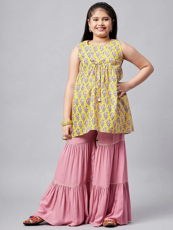 Girl's Bowling Printed Kurti Set Yellow