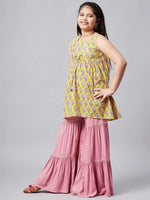 Girl's Bowling Printed Kurti Set Yellow