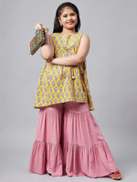 Girl's Bowling Printed Kurti Set Yellow