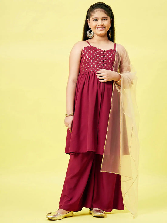 Girl's Glorious Printed Kurti Set Maroon