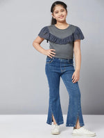 Girl's Western Grey Solid Refful Top