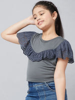 Girl's Western Grey Solid Refful Top