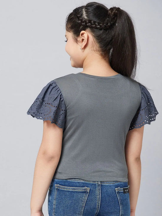 Girl's Western Grey Solid Refful Top