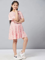 Girl's Red coral Printed Dress Peach