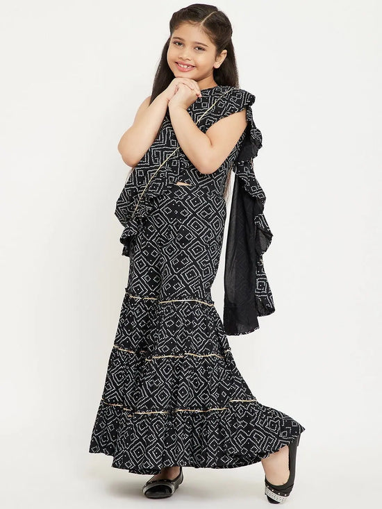 Girl's Magnificent Black Printed Layered Top with Sharara