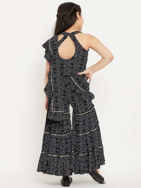 Girl's Magnificent Black Printed Layered Top with Sharara