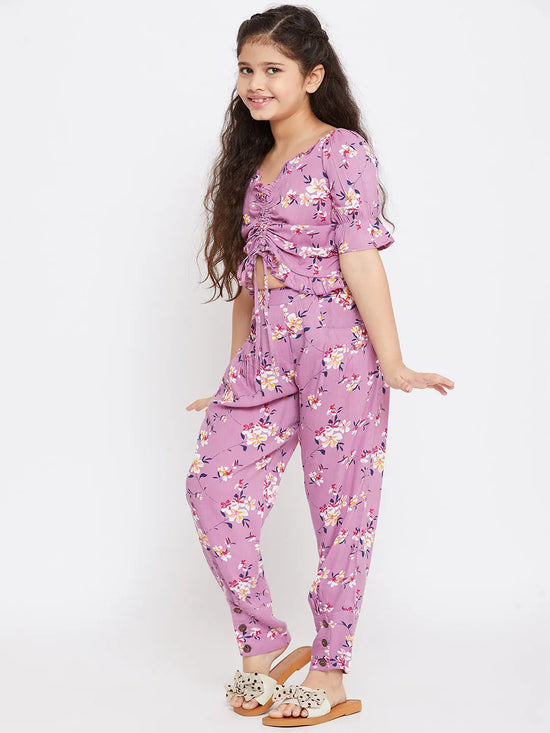 Girl's Recent Slew Printed Top with trousers Pant Purple