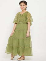 Girl's Seasonal Tendency Green Printed Layered Dress