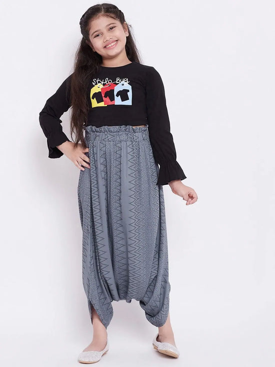 Girl's English Printed Top With Dhoti Pant Grey