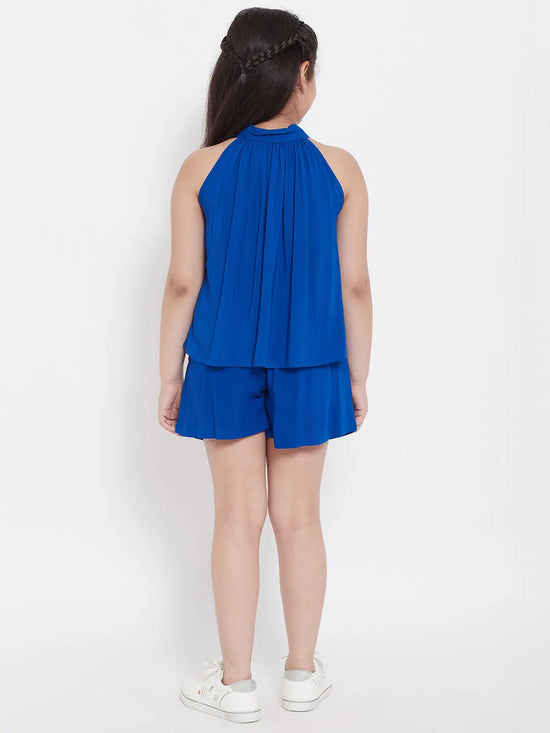 Girl's New Trend Solid Top with Shorts Blue