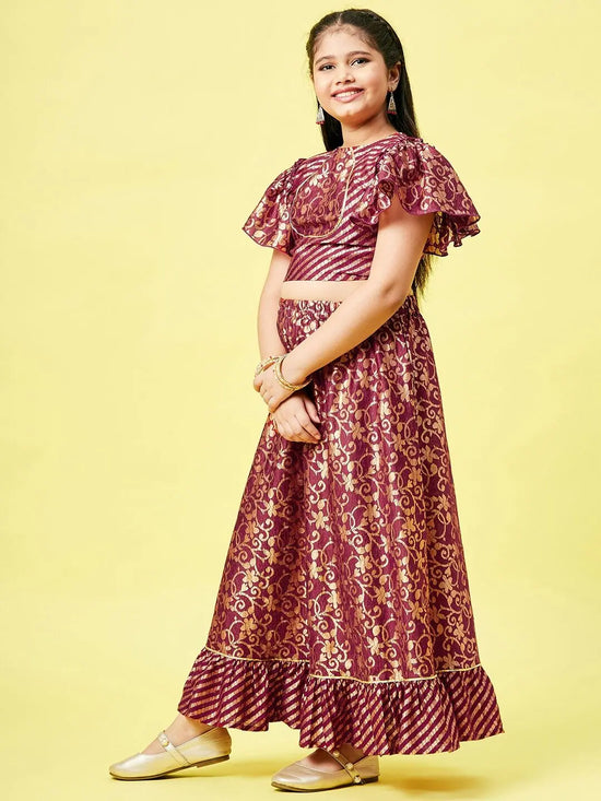 Girl's Simple Manner Printed Lehenga Maroon