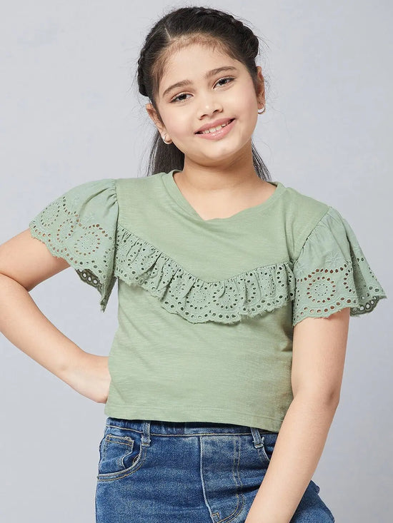 Girl's Vesture Green Solid Refful Top