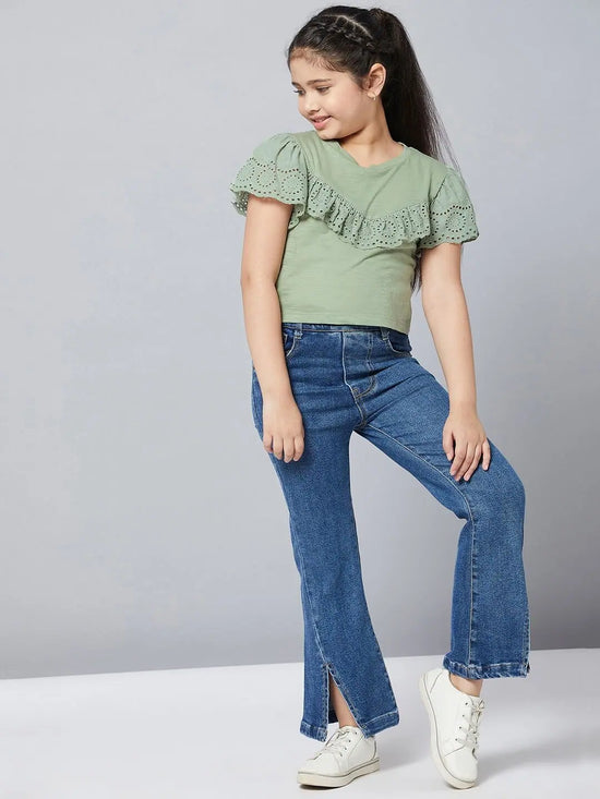 Girl's Vesture Green Solid Refful Top