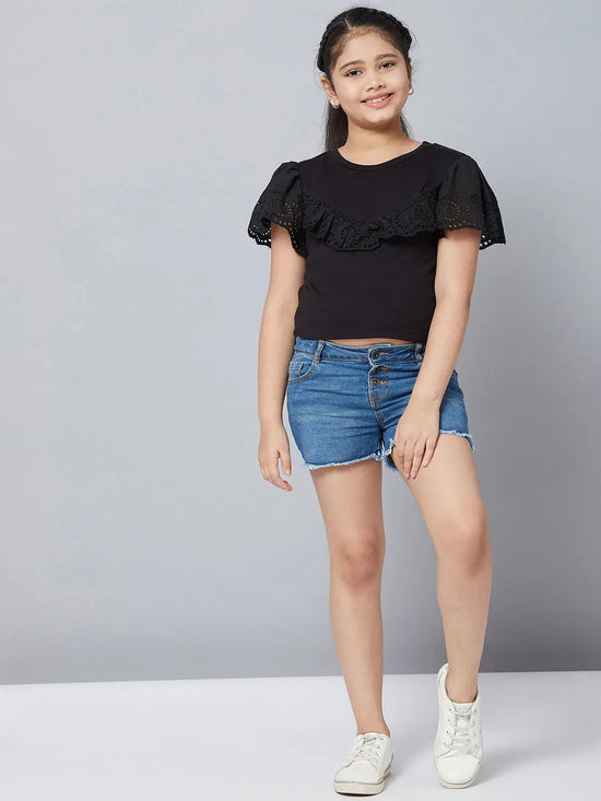 Girl's Slew Black Solid Refful Top