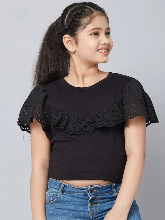 Girl's Slew Black Solid Refful Top