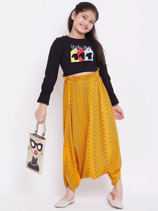 Girl's Temporal Printed Top With Dhoti Pant Yellow