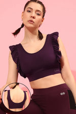 Medium Impact Ruffled Padded Active Sports Bra in Plum Colour