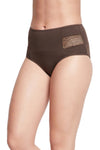 High Waist Hipster Panty with Lace Inserts in Coffee Brown - Cotton