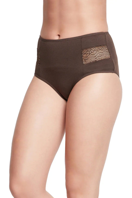 High Waist Hipster Panty with Lace Inserts in Coffee Brown - Cotton