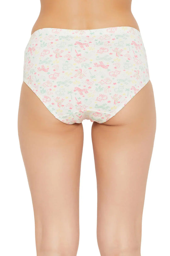 Mid Waist Printed Hipster Panty with Inner Elastic in White - Cotton