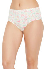 Mid Waist Printed Hipster Panty with Inner Elastic in White - Cotton