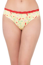 Low Waist Printed Bikini Panty in Lemon Yellow with Lace Waist - Cotton