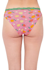 Low Waist Fruit Print Bikini Panty in Baby Pink with Lace Waist - Cotton