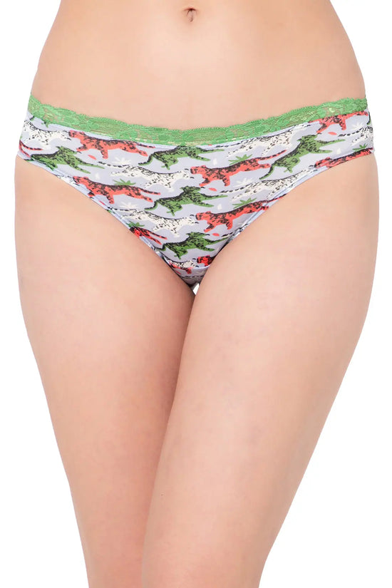 Low Waist Tiger Print Bikini Panty in Multicolour with Lace Waist - Cotton