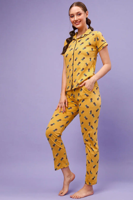 Tutti Fruity Button Down Shirt & Pyjama Set in Yellow - 100% Cotton