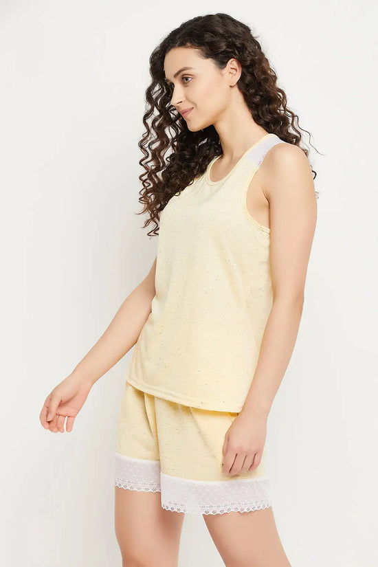 Top & Shorts Set in Lemon Yellow with Lace Panels - Cotton