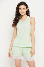 Top & Shorts Set in Mint Green with Lace Panels - Cotton