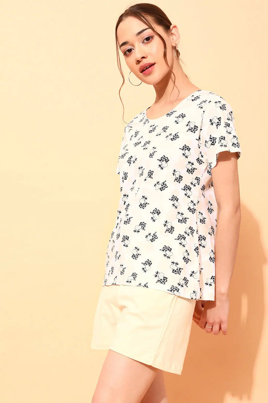 Cow Print Top & Solid Shorts Set in White - 100% Cotton