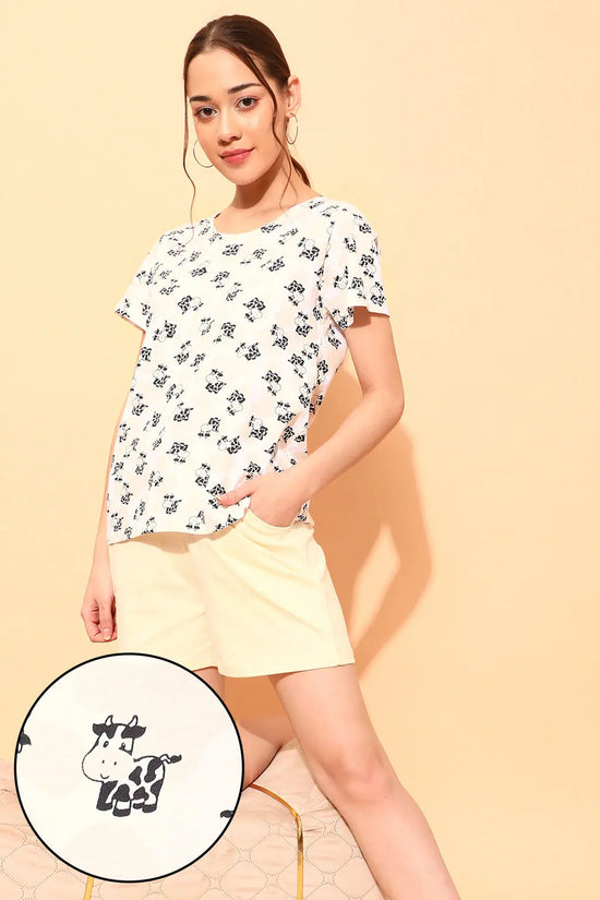 Cow Print Top & Solid Shorts Set in White - 100% Cotton