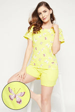 Butterfly Print Top & Solid Shorts Set in Yellow - 100% Cotton