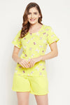 Butterfly Print Top & Solid Shorts Set in Yellow - 100% Cotton