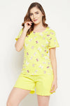 Butterfly Print Top & Solid Shorts Set in Yellow - 100% Cotton