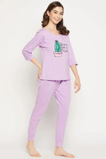 Cactus Print Top & Joggers Set in Lavender - 100% Cotton