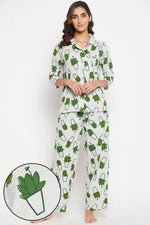 Cactus Print Button Down Shirt & Pyjama Set in Light Grey - 100% Cotton