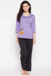 Halloween Print Top & Solid Pyjama Set in Lavender - 100% Cotton