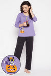 Halloween Print Top & Solid Pyjama Set in Lavender - 100% Cotton