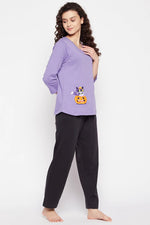 Halloween Print Top & Solid Pyjama Set in Lavender - 100% Cotton