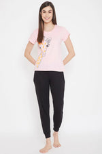 Giraffe Print Top in Peach-Pink & Solid Pyjama in Black - 100% Cotton