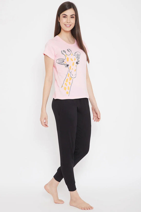 Giraffe Print Top in Peach-Pink & Solid Pyjama in Black - 100% Cotton